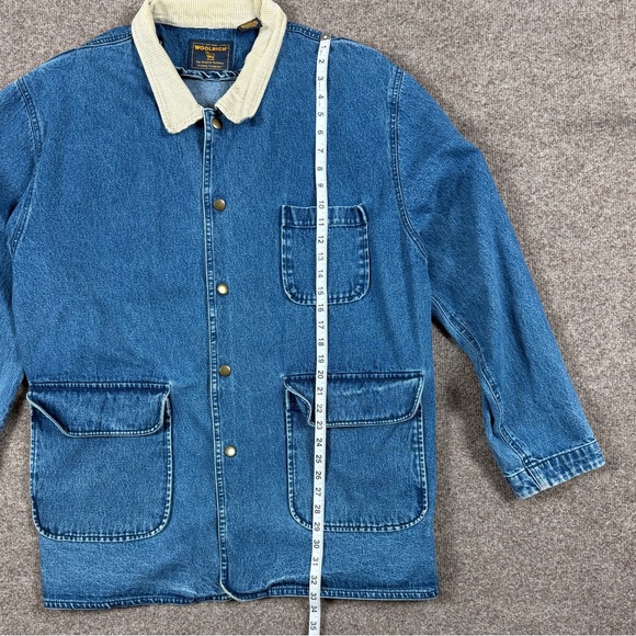 Woolrich Blue Denim Chore Barn Field Jacket Mens XL Snap Closure Corduroy Collar - Picture 9 of 10